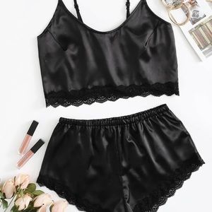 Satin Scallopped Lace Trim Lingerie Set